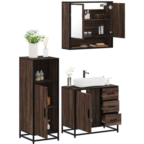Set Mobili Bagno 3 Pezzi In Rovere Marrone - Armadietto Lavabo E Due Colonne