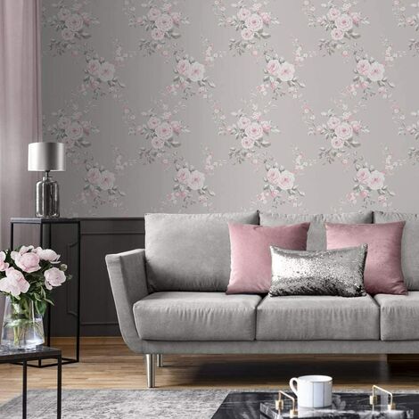 Catherine Lansfield Canterbury Wall Paper Grey / Pink 165503