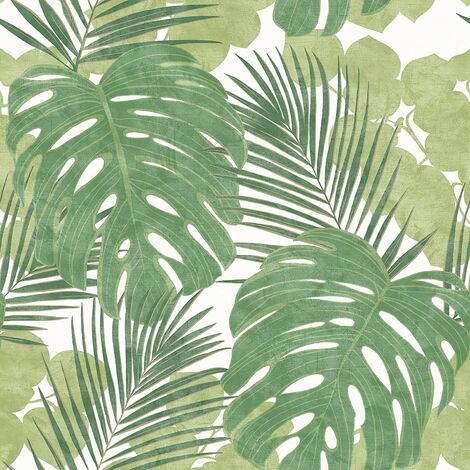 Rasch Jungle Floral Leaf Palm Tropical Wallpaper - Green / White - 214628