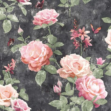 Rasch Amsterdam Floral Rose Vintage Chic Effect Wallpaper - Pink Black - 215014