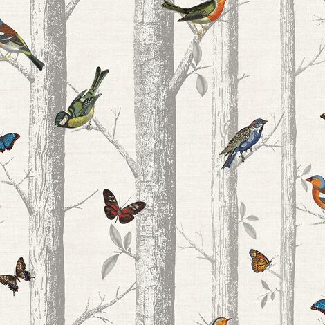 Holden Decor Epping Trees Forest Birds Butterflies Wallpaper-White / Multi-12231
