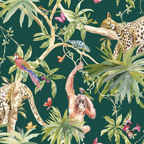 Holden Decor Jungle Animals Tropical Exotic Trees Wallpaper Green 90693