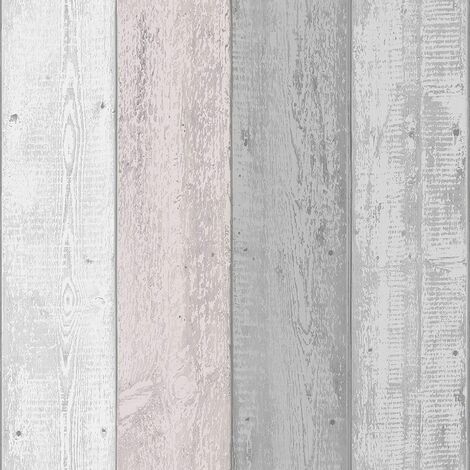 Arthouse Rustic Painted Wood Panel Wood Grain Effect Wallpaper Pink /Grey 902809