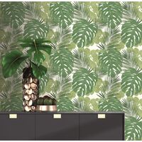 Rasch Jungle Floral Leaf Palm Tropical Wallpaper - Green / White - 214628