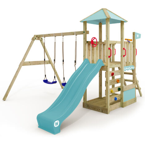 WICKEY Wooden climbing frame Smart Savana with swing set and slide Garden Playhouse on stilts for kids with sandpit climbing ladder