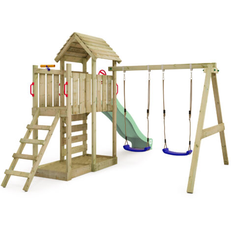 WICKEY Wooden climbing frame MultiFlyer with wooden roof, swing set and ...