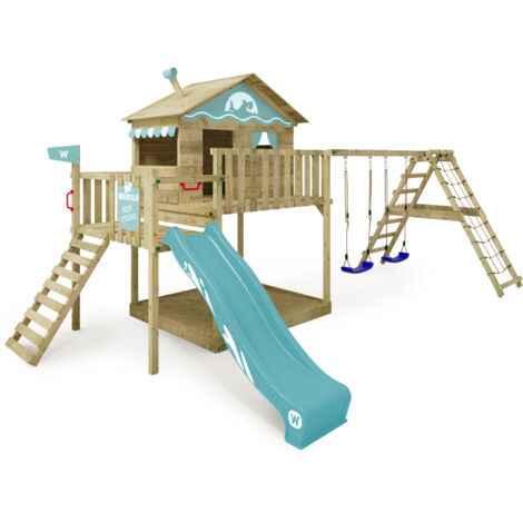 WICKEY Wooden climbing frame Smart Ocean with swing set and slide, Playhouse on stilts for kids with sandpit, climbing ladder & play-accessories - pastel blue (1/5)