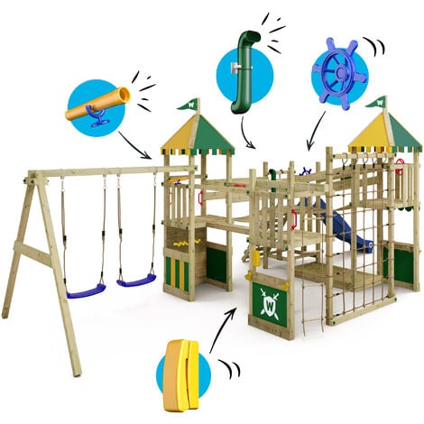 Wickey Wooden climbing frame Smart Queen with swing set and slide, Knight's playcastle with sandpit, climbing ladder & play-accessories - green