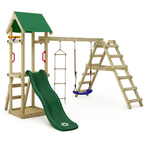 WICKEY Wooden climbing frame TinyLoft with swing set and green slide, Garden playhouse with sandpit, climbing wall & play-accessories