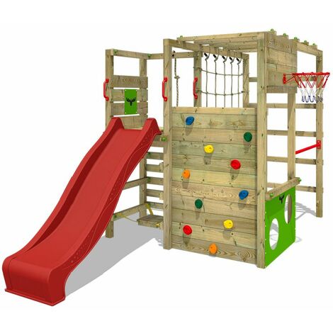 FATMOOSE Wooden climbing frame ActionArena with red slide, Garden playhouse with climbing wall & play-accessories