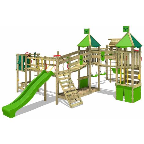 FATMOOSE Wooden climbing frame FunnyFortress with swing set TowerSwing and apple green slide, Knight's playhouse with sandpit, climbing ladder & play-accessories