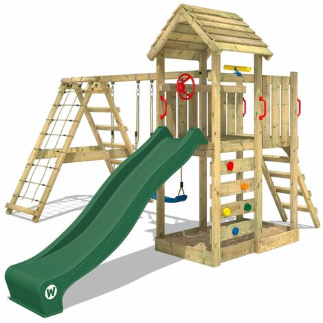 WICKEY Wooden climbing frame RocketFlyer with swing set and green slide, Garden playhouse with sandpit, climbing ladder & play-accessories