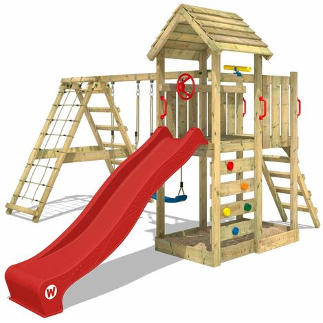 WICKEY Wooden climbing frame RocketFlyer with swing set and red slide, Garden playhouse with sandpit, climbing ladder & play-accessories