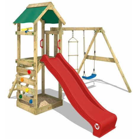 WICKEY Wooden climbing frame FreeFlyer with swing set and red slide, Garden playhouse with sandpit, climbing ladder & play-accessories