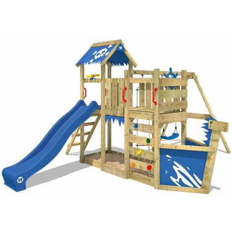 WICKEY Wooden climbing frame OceanFlyer with swing set and blue slide, Playhouse on stilts for kids with sandpit, climbing ladder & play-accessories