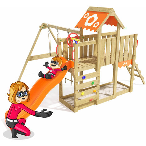 Climbing Frame Playful Heroows Swing Set with Climbing Ladder and Climbing Wall, Swing & Orange Slide