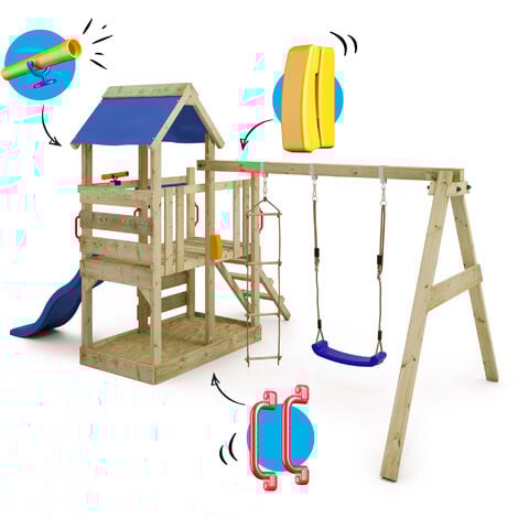 Wickey Wooden climbing frame TurboFlyer with swing set and slide, Garden playhouse with sandpit, climbing ladder & play-accessories - blue