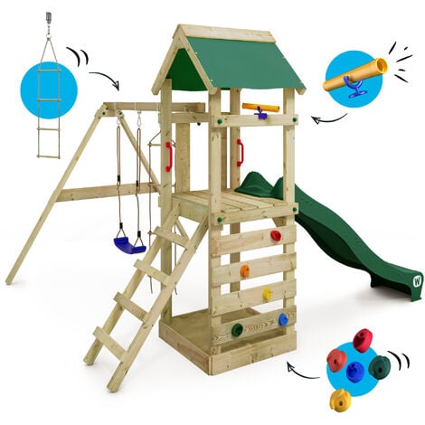 Wickey Wooden climbing frame FreeFlyer with swing set and slide, Garden playhouse with sandpit, climbing ladder & play-accessories - green