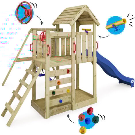 Wickey Wooden climbing frame MultiFlyer with wooden roof, swing set and slide, Garden playhouse with sandpit, climbing ladder & play-accessories - blue