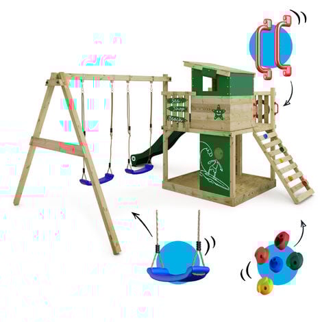 Wickey Wooden climbing frame Smart Camp with swing set and slide, Playhouse on stilts for kids with sandpit, climbing ladder & play-accessories - green