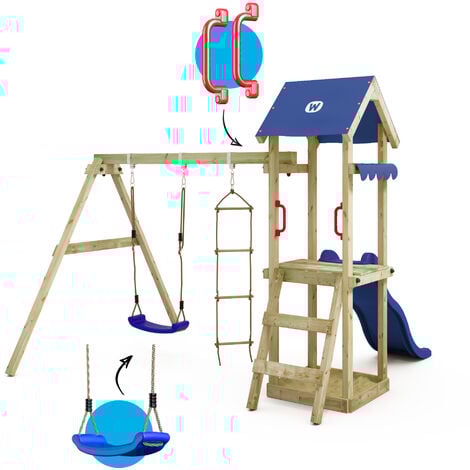 Wickey Wooden climbing frame TinyCabin with swing set and slide, Garden playhouse with sandpit, climbing ladder & play-accessories - blue