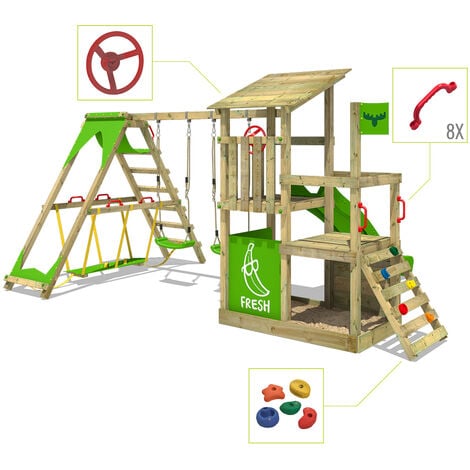 FATMOOSE Wooden climbing frame FruityForest with swing set SurfSwing and apple green slide, Garden playhouse with sandpit, climbing ladder & play-accessories - apple green