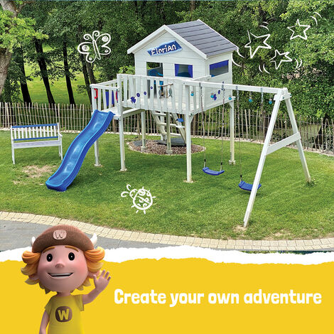 Wickey Wooden climbing frame Smart Coast with swing set and slide, Playhouse on stilts for kids with sandpit, climbing ladder & play-accessories - blue