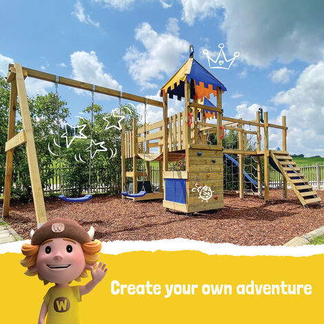 Wickey Wooden climbing frame Smart Queen with swing set and slide, Knight's playcastle with sandpit, climbing ladder & play-accessories - blue