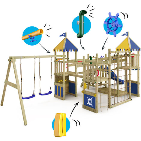 Wickey Wooden climbing frame Smart Queen with swing set and slide, Knight's playcastle with sandpit, climbing ladder & play-accessories - blue