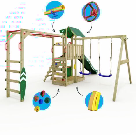 Wickey Wooden climbing frame Smart Baboon with swing set and slide, Garden playhouse with monkey bars, sandpit, climbing ladder & play-accessories – blue