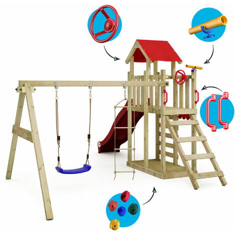 Wickey Wooden climbing frame MultiFlyer Light with swing set and slide, Garden playhouse with sandpit, climbing ladder & play-accessories - green