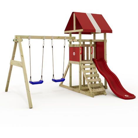 Wickey Play Tower DinkyHouse with swing slide, tree house with sandpit,  climbing ladder play accessories – red