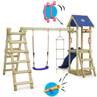 WICKEY Wooden climbing frame TinyLoft with swing set and blue slide, Garden playhouse with sandpit, climbing wall & play-accessories