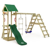 WICKEY Wooden climbing frame TinyLoft with swing set and green slide, Garden playhouse with sandpit, climbing wall & play-accessories