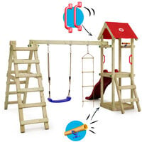 WICKEY Wooden climbing frame TinyLoft with swing set and red slide, Garden playhouse with sandpit, climbing wall & play-accessories