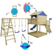 WICKEY Wooden climbing frame Smart Ocean with swing set and blue slide, Playhouse on stilts for kids with sandpit, climbing ladder & play-accessories