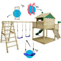 WICKEY Wooden climbing frame Smart Ocean with swing set and green slide, Playhouse on stilts for kids with sandpit, climbing ladder & play-accessories