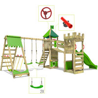 FATMOOSE Wooden climbing frame RiverRun with swing set SurfSwing and red slide, Knight's playhouse with sandpit, climbing ladder & play-accessories