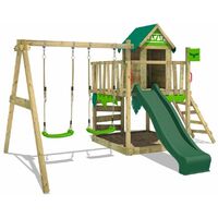 FATMOOSE Wooden climbing frame JazzyJungle with swing set and green slide, Playhouse on stilts for kids with sandpit, climbing ladder & play-accessories