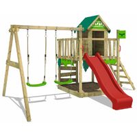 FATMOOSE Wooden climbing frame JazzyJungle with swing set and red slide, Playhouse on stilts for kids with sandpit, climbing ladder & play-accessories