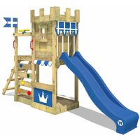WICKEY Wooden climbing frame CannonFlyer with blue Knight's playcastle with sandpit, climbing ladder & play-accessories