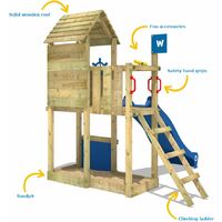 WICKEY Wooden climbing frame Smart Sparrow with blue slide, Garden playhouse with sandpit, climbing ladder & play-accessories