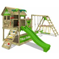 FATMOOSE Wooden climbing frame TikaTaka with swing set SurfSwing and apple green slide, Playhouse on stilts for kids with sandpit, climbing ladder & play-accessories