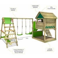 FATMOOSE Wooden climbing frame TikaTaka with swing set SurfSwing and apple green slide, Playhouse on stilts for kids with sandpit, climbing ladder & play-accessories