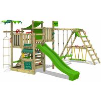 FATMOOSE Wooden climbing frame CrazyCoconut with swing set SurfSwing and apple green slide, Garden playhouse with sandpit, climbing wall & play-accessories