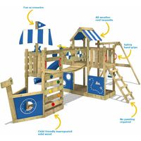 WICKEY Wooden climbing frame ArcticFlyer with swing set and blue slide, Playhouse on stilts for kids with sandpit, climbing ladder & play-accessories
