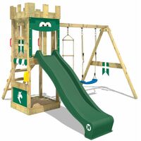 WICKEY Wooden climbing frame KnightFlyer with swing set and green slide, Knight's playcastle with sandpit, climbing ladder & play-accessories