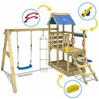 WICKEY Wooden climbing frame TurboFlyer with swing set and blue slide, Garden playhouse with sandpit, climbing ladder & play-accessories
