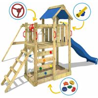 WICKEY Wooden climbing frame MultiFlyer with swing set and turquoise slide, Garden playhouse with sandpit, climbing ladder & play-accessories