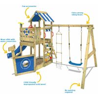 WICKEY Wooden climbing frame SeaFlyer with swing set and blue slide, Playhouse on stilts for kids with sandpit, climbing ladder & play-accessories